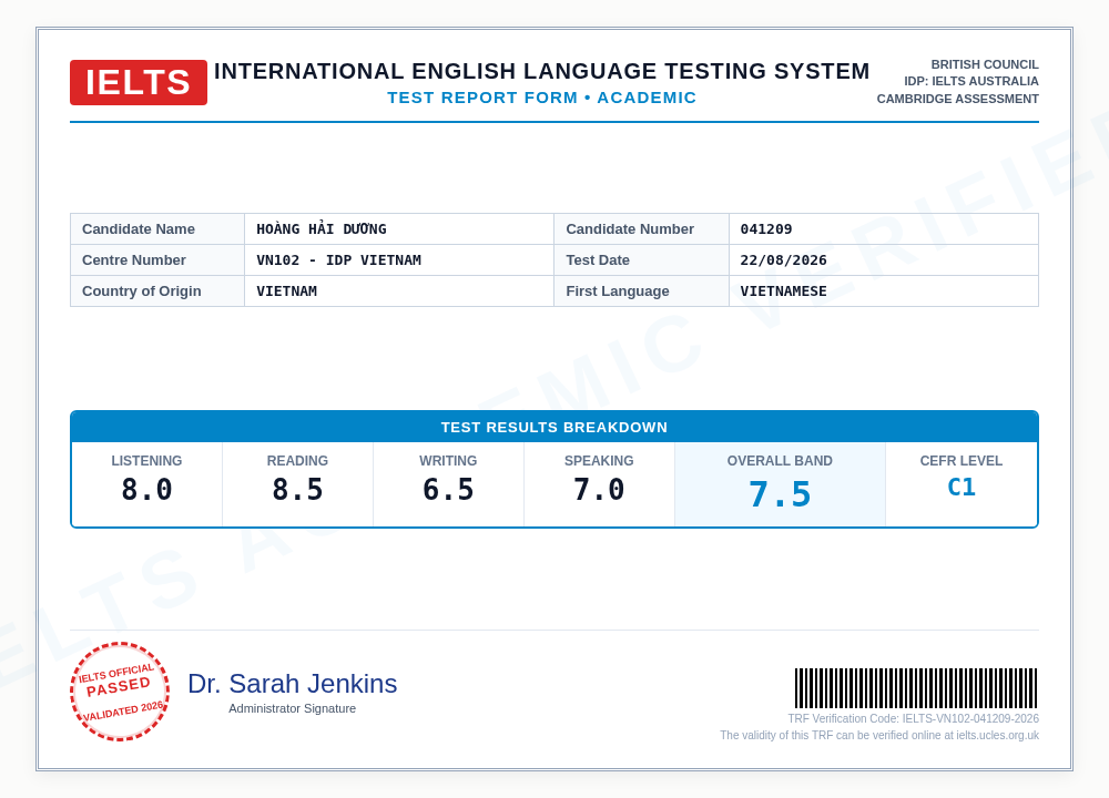 Bảng điểm IELTS Test Report Form 7.5 của thí sinh Hoàng Hải Dương