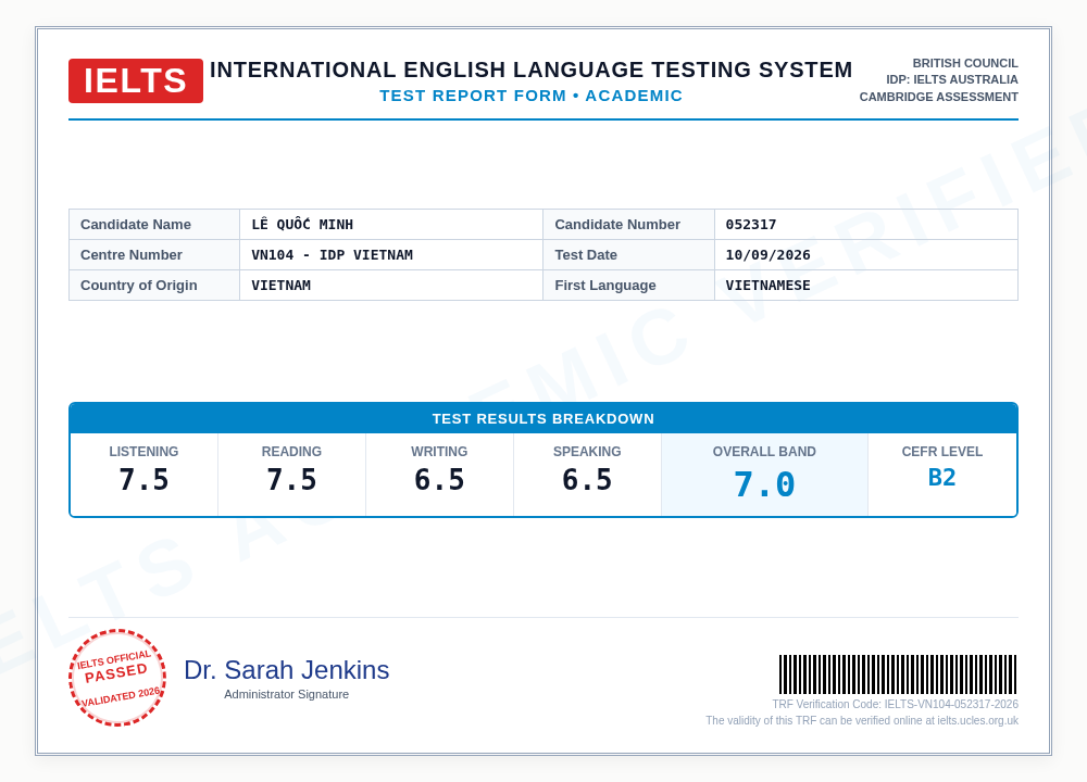 Bảng điểm IELTS Test Report Form 7.0 của thí sinh Lê Quốc Minh