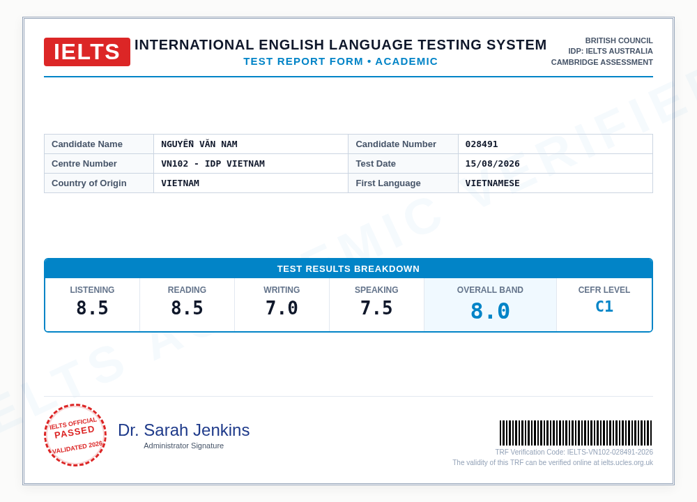 Bảng điểm chính thức IELTS Test Report Form 8.0 của thí sinh Nguyễn Văn Nam