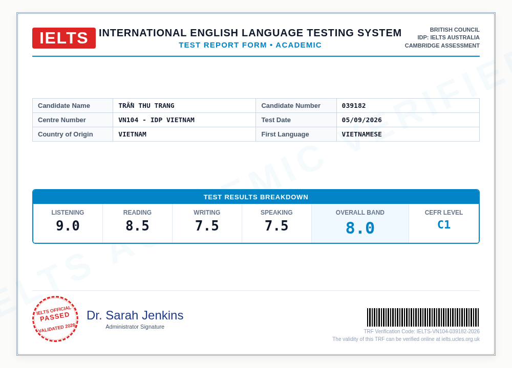 Chứng chỉ điểm thi IELTS Test Report Form 8.0 của thí sinh Trần Thu Trang