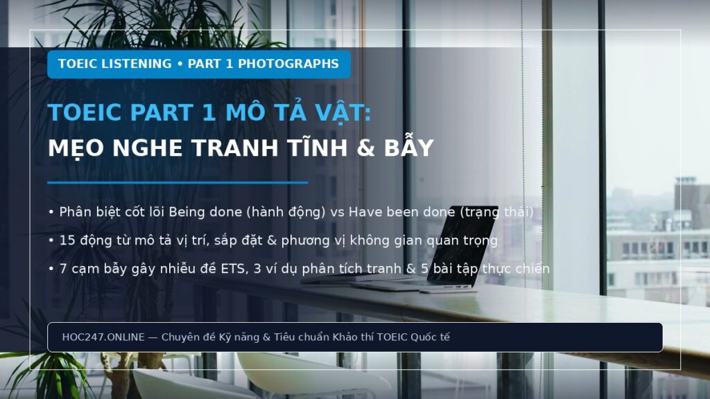TOEIC Part 1 mô tả vật – cách nghe tranh tĩnh, phân biệt being done và tránh bẫy ETS