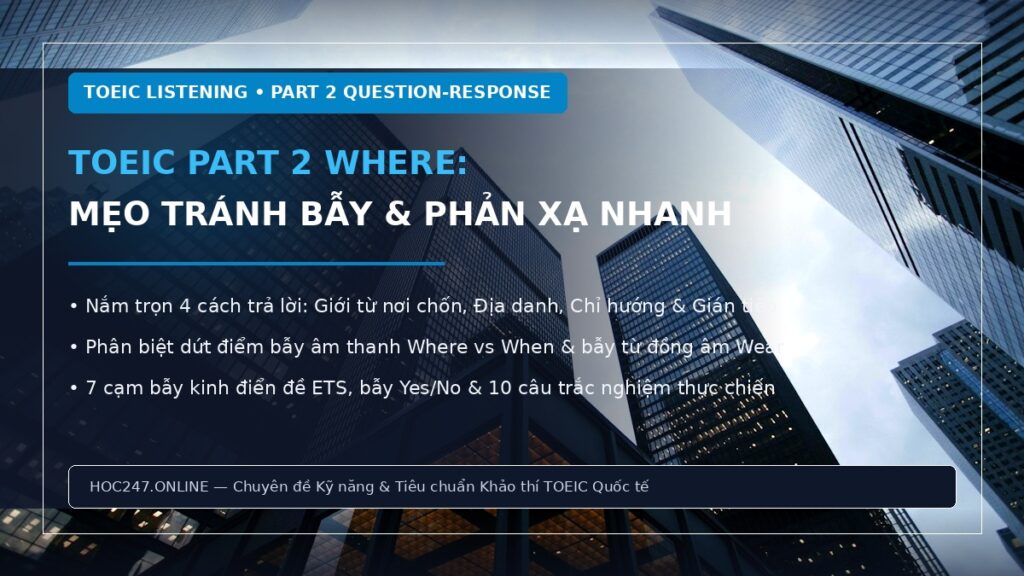 TOEIC Part 2 Where – cách nhận diện câu hỏi nơi chốn, giới từ vị trí và mẹo tránh bẫy ETS
