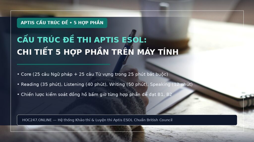 Cấu trúc đề thi Aptis ESOL mới nhất – chi tiết 5 phần thi máy tính
